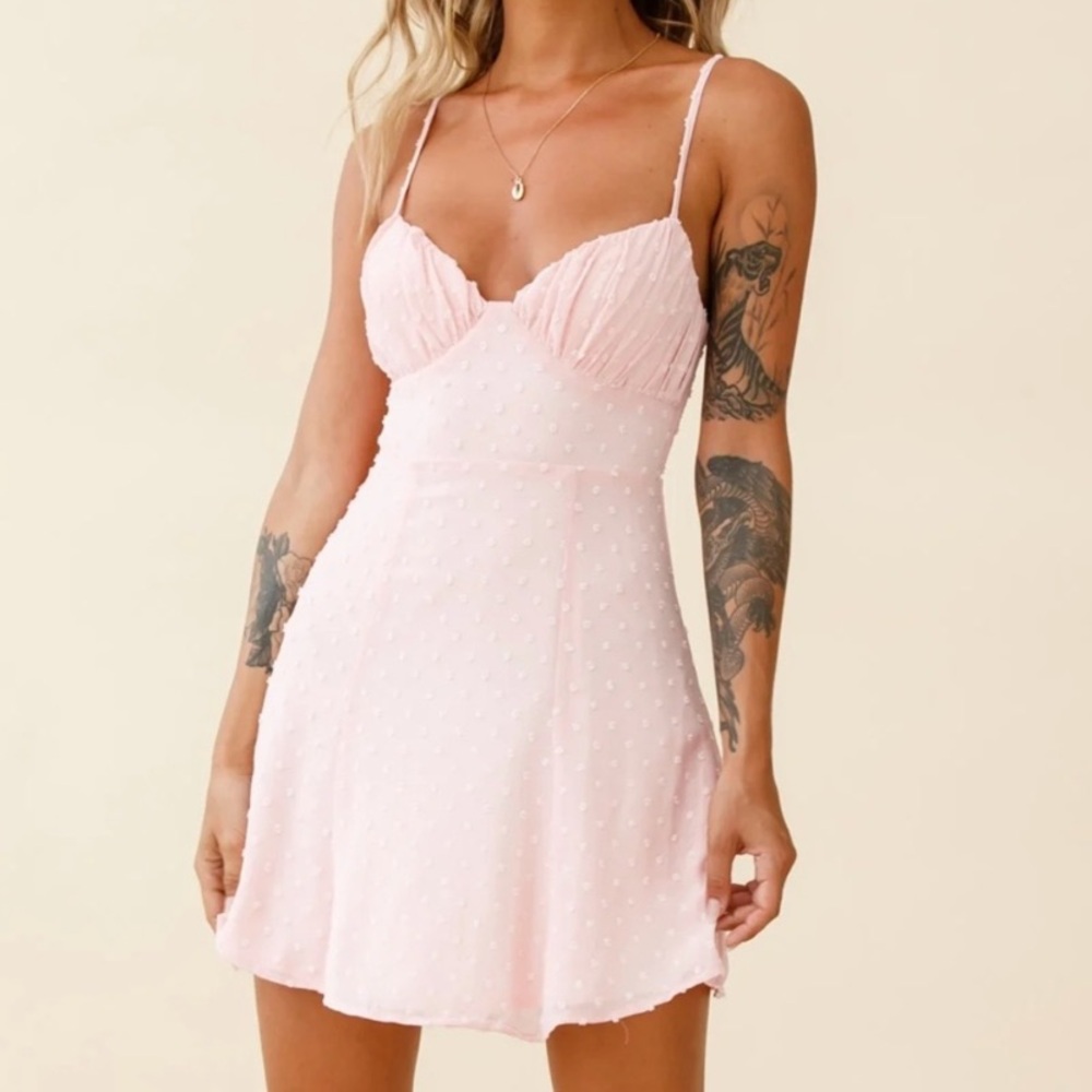 Selfie Leslie Light Pink Good Morning Angel Ruched Bust Swiss Dot A-Line Dress